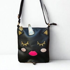 Luv Betsey Johnson Julia Unicorn Black Pink Gold Face Crossbody Shoulder Bag